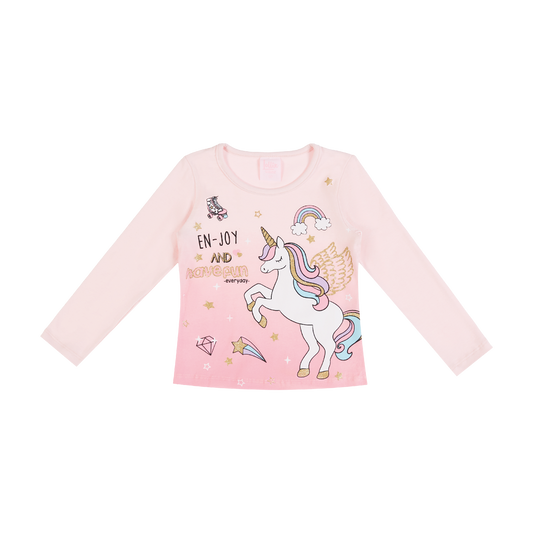 Blusa Manga Longa Feminina Primeiros Passos Rosa Bebê Estampa Glitter Uni – Lollix ROSA BB 13-1906  HJ6405