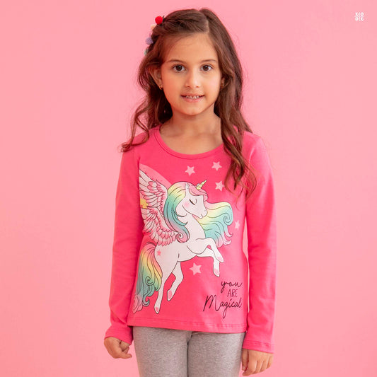 Blusa Manga Longa Infantil Feminina Pink Estampa Glitter Córnio – Lollix